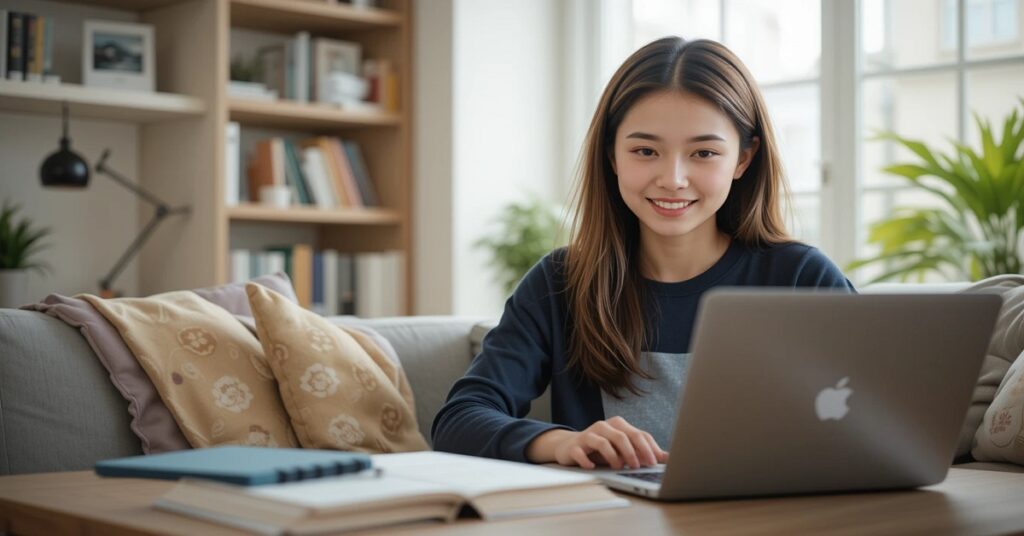 Close-up of a student using a laptop with digital tools and graphs on screen, representing improved technical skills from online classes.